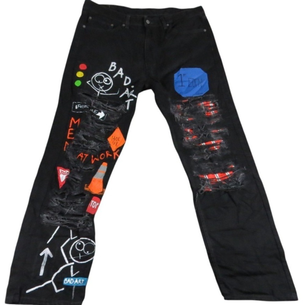 1/1 Levis 505 Custom Art Jeans Men W38 L30 Black Denim Upcycled Streetwear Punk